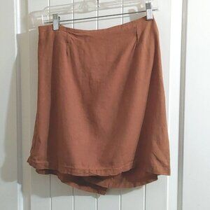 Brown Women's linen natural style wrap skirt with belt buckle size 12